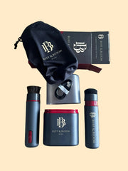 Buff & Bloom motorised shoe care kit in a flat lay. Shows electric shoe shine kit with USB-C shoe polisher. Makes a perfect luxury shoe polisher gift.