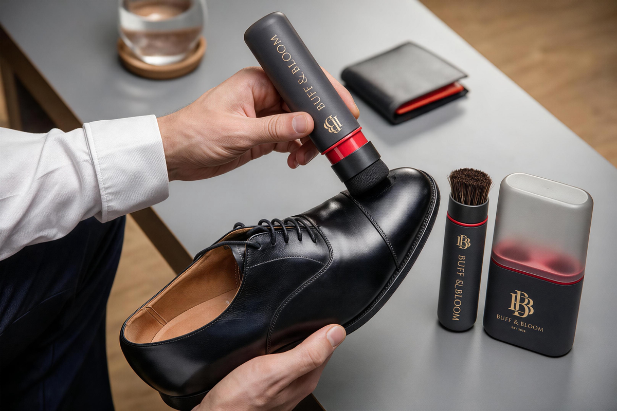Buff & Bloom powered shoe care brush polishing a black leather shoe