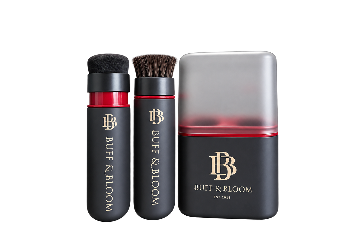 Buff & Bloom shoe care kit with brush, applicator and storage case